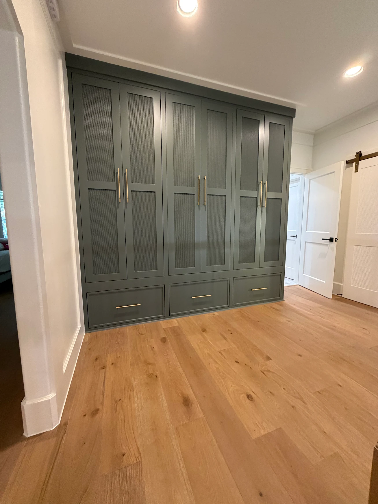 Full wall custom wardrobe with gold hardware and hardwood floors